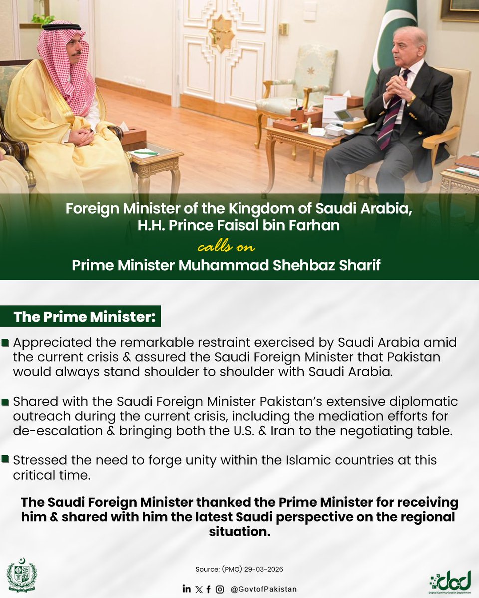 Saudi Foreign Minister's Visit to Pakistan: Prime Minister Sharif Reaffirms Close Ties and Mediation Efforts