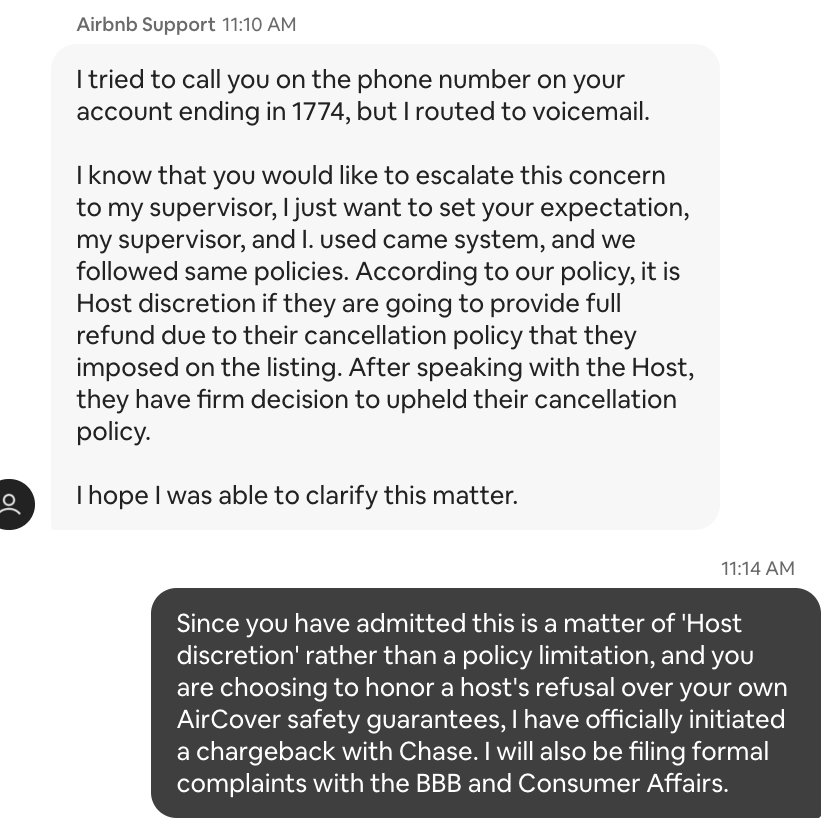 50mm's tweet photo. .@AirbnbHelp @BrianChesky Support just confirmed they are choosing "Host discretion" over their AirCover safety guarantees. Demanding "visual proof" of a chemical/sewage stench is a bad-faith loophole to deny a refund for an uninhabitable stay. #Airbnb #AirCover #ConsumerRights https://t.co/tseYpmnXWn