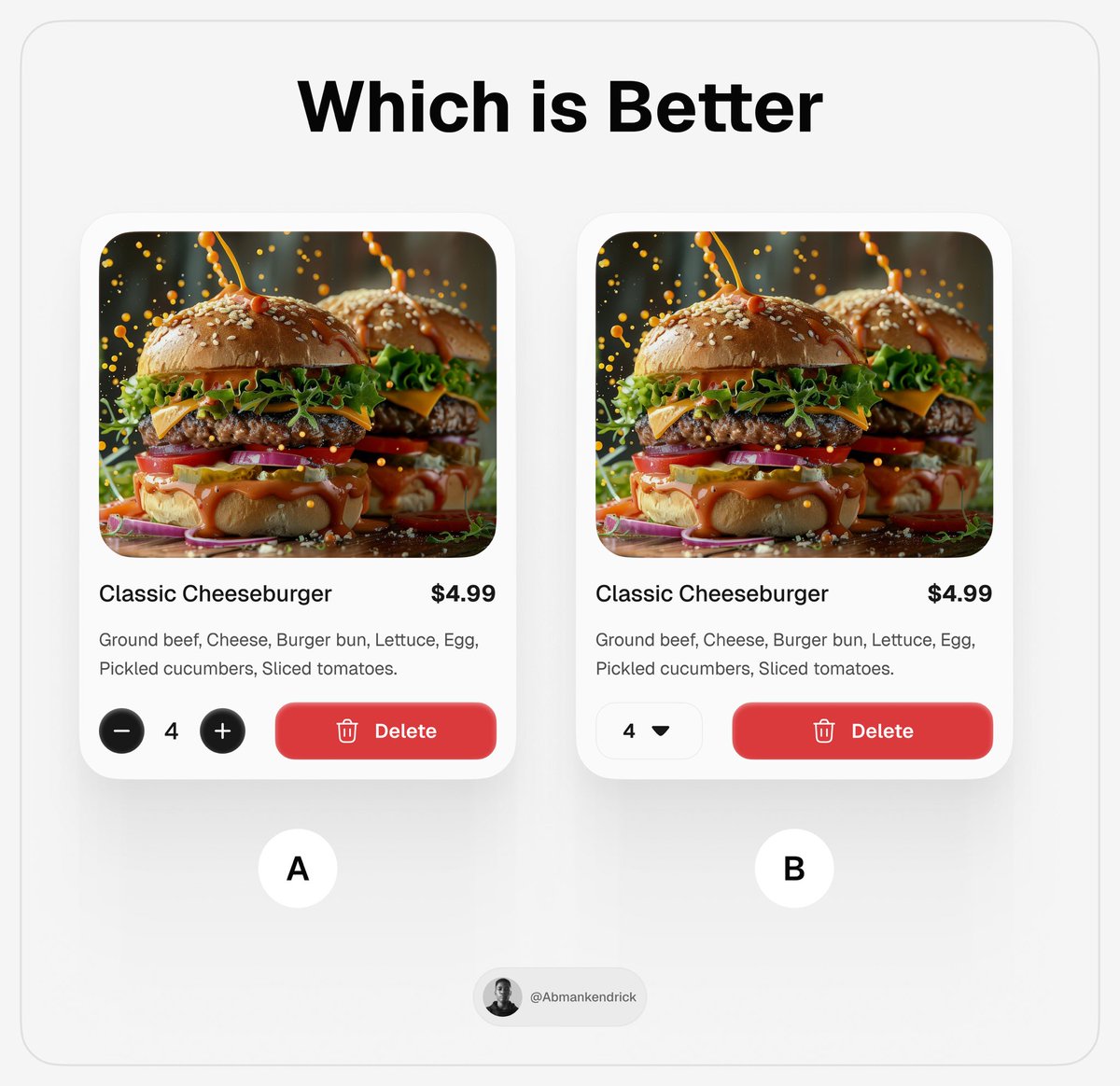 Abmankendrick's tweet photo. Which UX is Better?

A or B 🤔 https://t.co/V96xKxgquq