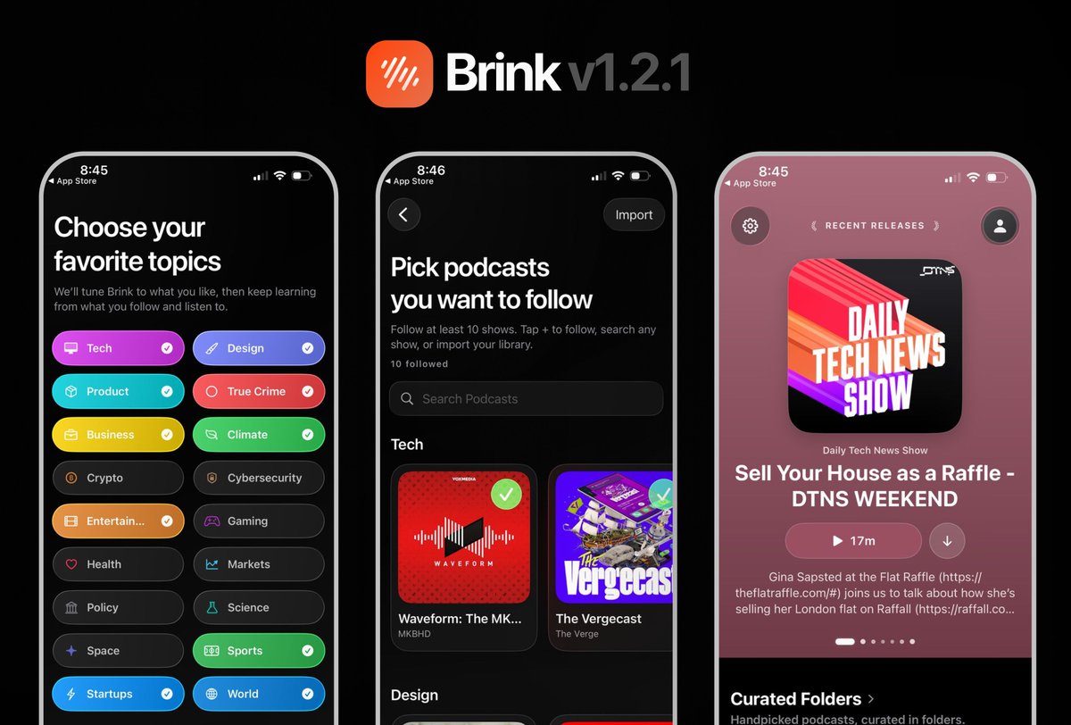 gow88_'s tweet photo. New update! Brink v1.2.1 brings quality of life improvements. 

- Users can now choose topics and podcasts during on-boarding for a personalised recommendations. 

- Existing users can update their preferences. 

- Sharing is now live. Share podcasts, episodes, and episodes from specific timestamps.

- "Top Picks" is replaced with "Recent Releases". Now, view all the recent releases as soon as you open the app! 

Download Brink: https://t.co/Y8JhO1urTm