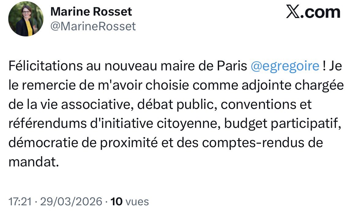 Adjointe à la vie associative, débat public, conventions &amp; RIC, budget participatif, démocratie de proximité, CR de mandat, organisation des apéros de quartier, animation des WhatsApp d’arrondissement et des réunions du jeudi soir … Ils ont confondu fiche de poste et intitulé 🤣