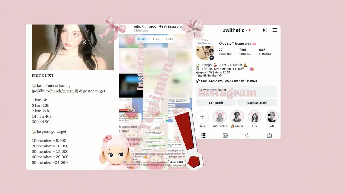 hiii! OPEN JASA PROMOSI GO &amp; JUAL ❕❕
•Barang KPop/cutestuff 
•Promosi PC / MD /album ready Ina/luar 
•Promosi go (grup order) target non target

open 3 slot
✅✅✅

﹏ promosi dari jam 09:00-20:00 
﹏ sudah banyak testimoni 
jasprom by <a href="/uwithetic/">uwi</a>
wa.me/+6285835235543