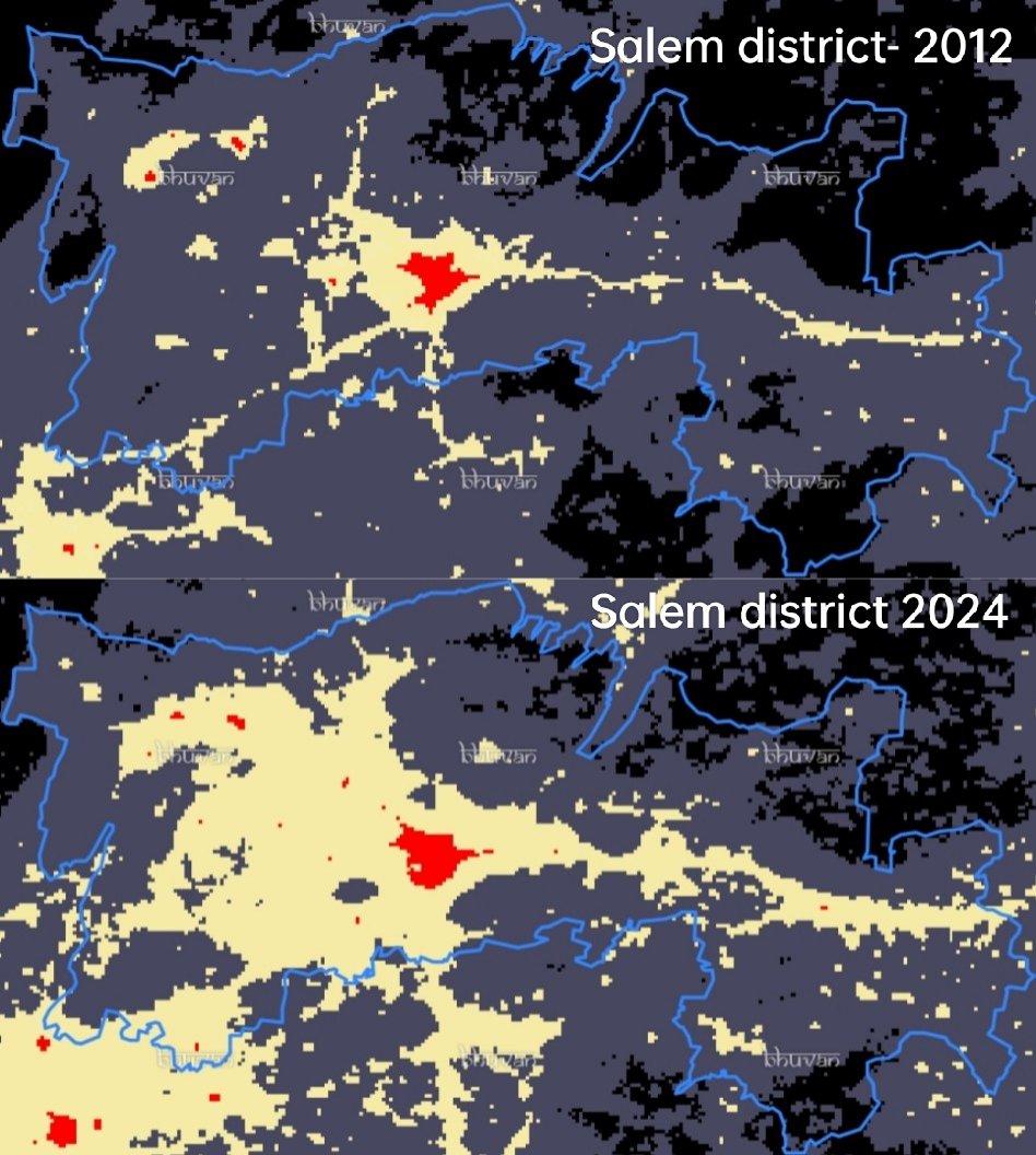 Salem is the only big city within Salem district. The nearby towns like Mettur, Kolathur, Omalur, Mecheri, Tharamangalam, Nangavalli, Jalakandapuram, Elampillai along with lights from villages makes the district appear continuously brighter from the sky.
#TamilNadu #Salem