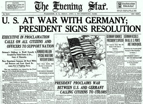 URDailyHistory's tweet image. 2 April 1917: #President Woodrow Wilson asks #Congress to declare war on Germany. The #Senate votes 82-6 in favor of entering World War I on April 6, and the House votes 373-50 in favor on April 8. #WWI #History #OTD #ad amzn.to/2Uyak5S