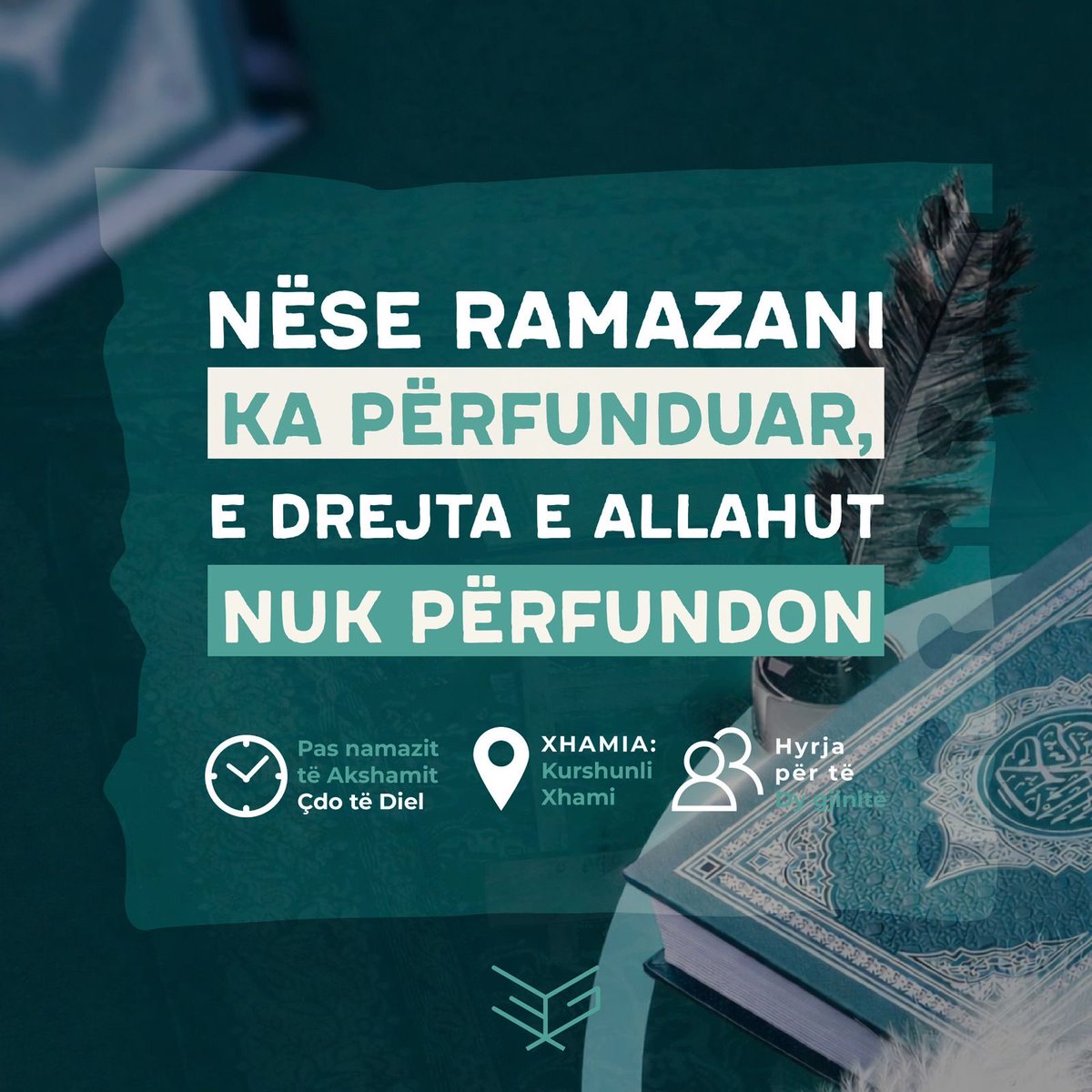 ErnesErnesgoga's tweet image. Sonte, pas namazit të akshamit, do të mbahet ders me temën:
“ *Nëse Ramazani ka përfunduar, e drejta e Allahut nuk përfundon* ”

📅 E Diel, 29/03/2026
🕰 Pas namazit të akshamit
🎙️ Hoxhë Ernes Goga
📍 Xhamia Kurshunli