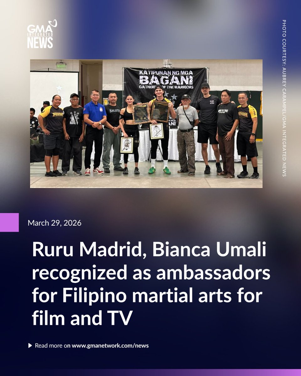 gmanews's tweet photo. Ruru Madrid and Bianca Umali were recognized as ambassadors for Filipino martial arts (FMA) for film and TV.

According to Aubrey Carampel's report on "24 Oras Weekend," the couple attended the Katipunan ng mga Bagani event, a gathering of FMA practitioners, where they received the honors.

Ruru demonstrated panuntukan, which he is focusing on for his future projects.

Meanwhile, Bianca demonstrated knife-handling. She previously showcased her arnis skills on "Encantadia Chronicles: Sang'gre."

Read more:
https://t.co/m3EjSEs6WO