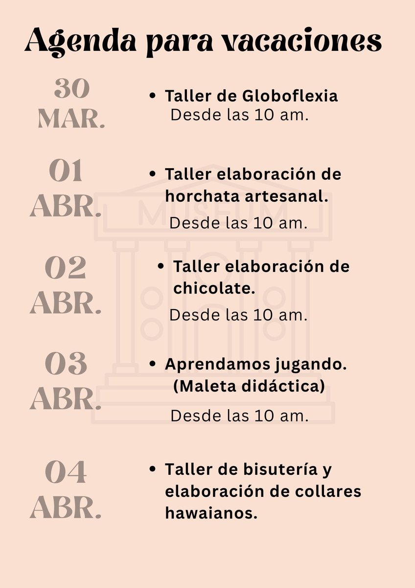 museomilitaresa's tweet image. 📣✨ ¡Agenda de Vacaciones en el Museo Militar! ✨  

Disfruta de actividades educativas y divertidas para toda la familia 👨‍👩‍👧‍👦  

🗓️ Del 30 de marzo al 4 de abril  
⏰ Desde las 10:00 a.m.  
🎯 ¡Te esperamos para vivir una experiencia diferente!  

#MuseoMilitar #Vacaciones #ES