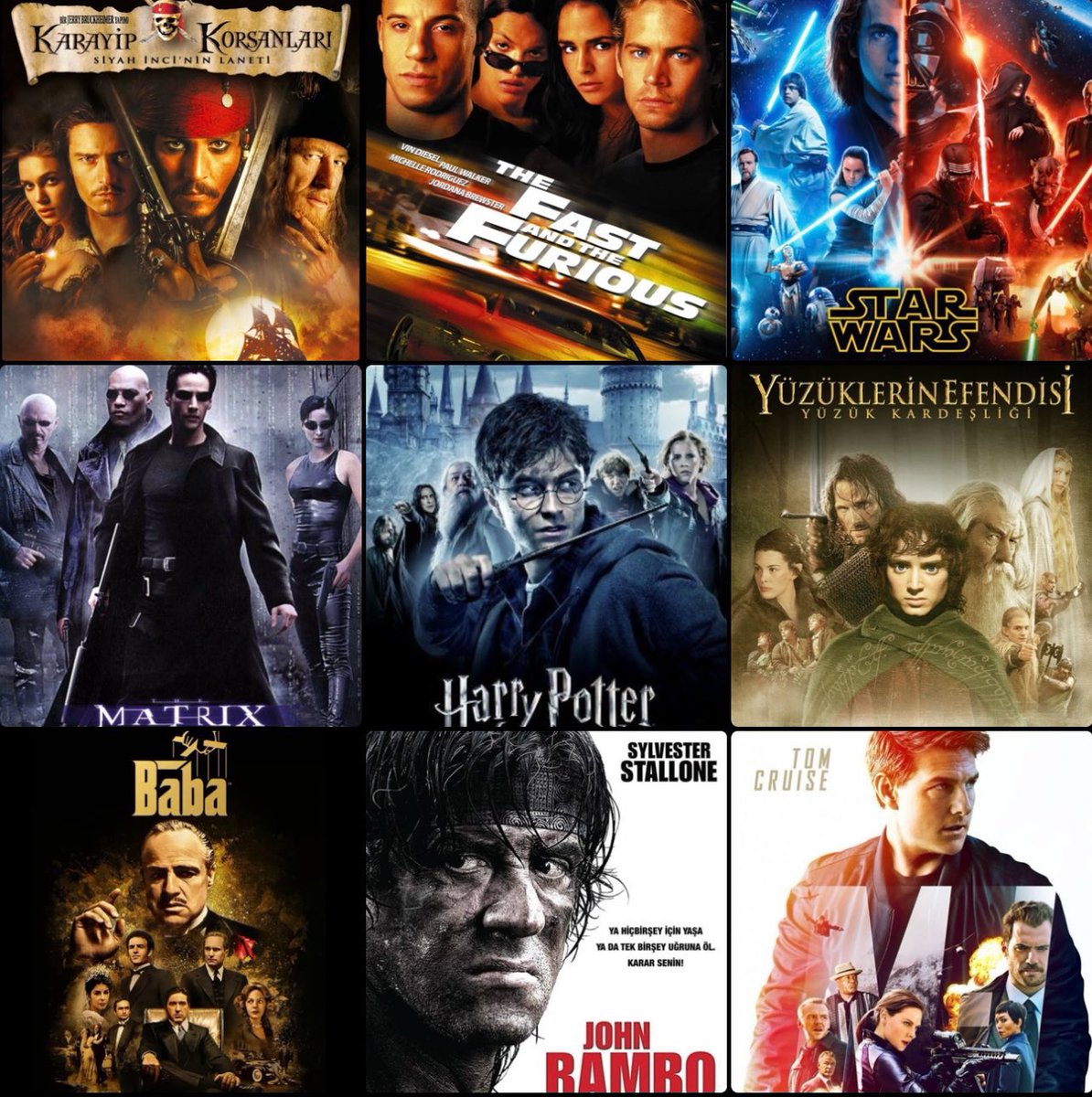 Caca1beyy's tweet photo. Serisi olan en iyi yabancı filmler
En beğendiğiniz hangisi

-Karayip Korsanları
-Hızlı ve Öfkeli 
-Star Wars
-Matrix
-Harry Potter
-Yüzüklerin Efendisi 
-Baba
-Rambo
-Görevimiz Tehlike…𝗗𝗮𝗵𝗮 𝗳𝗮𝘇𝗹𝗮 𝗴ö𝗿 https://t.co/Z9Xy6poNiz