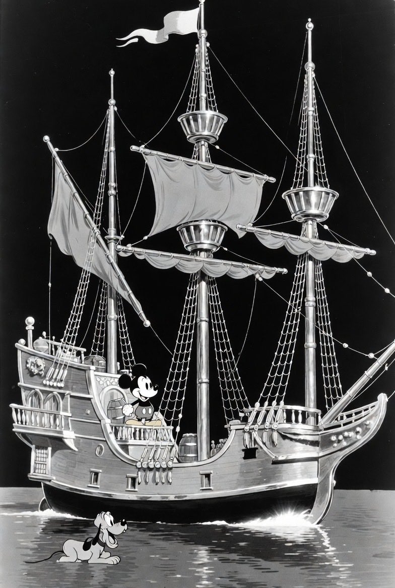 🪄Beautiful black and white cartoon image of a pirate ship on the shore with Mickey Mouse on it and Pluto in the water next to it, there is a shimmer overall and a pitch black background🪄

With #GrokImagine