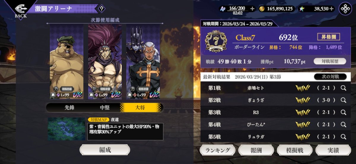 DIO89908004's tweet photo. 今シーズン降格圏と維持圏をずっと繰り返してて
なんとか維持したい！って思ってたら最後の最後でまさかの維持通り越して昇格だー！！
クラス7の3桁も初めてだし嬉しすぎる！！
まだみんなクラス7のはずだしここで上がれたのは成長を感じるぞッ！ジョジョーーッ！！
#オラドラ https://t.co/5OTQ4nnKzP