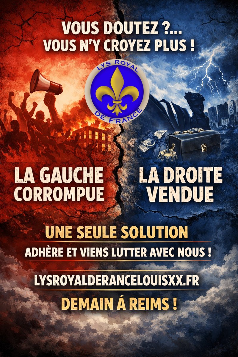 lysde_france's tweet photo. Ils vous divisent depuis des décennies.
Gauche contre droite. Promesses contre désillusions.
Mais au final… rien ne change.
Corruption d’un côté. Soumission de l’autre.
Et pendant ce temps, la France continue de s’effondrer.
Combien de temps allez-vous encore y croire ?
Il est temps d’ouvrir les yeux.
Il est temps de sortir de cette illusion politique.
Une autre voie existe.
Une voie de vérité, de stabilité et de continuité.
Rejoignez ceux qui refusent le déclin.
Rejoignez ceux qui veulent reconstruire.
Demain à Reims.

https://t.co/SA5cnpahVB

#France #Politique #Monarchie #Reims #Engagement
