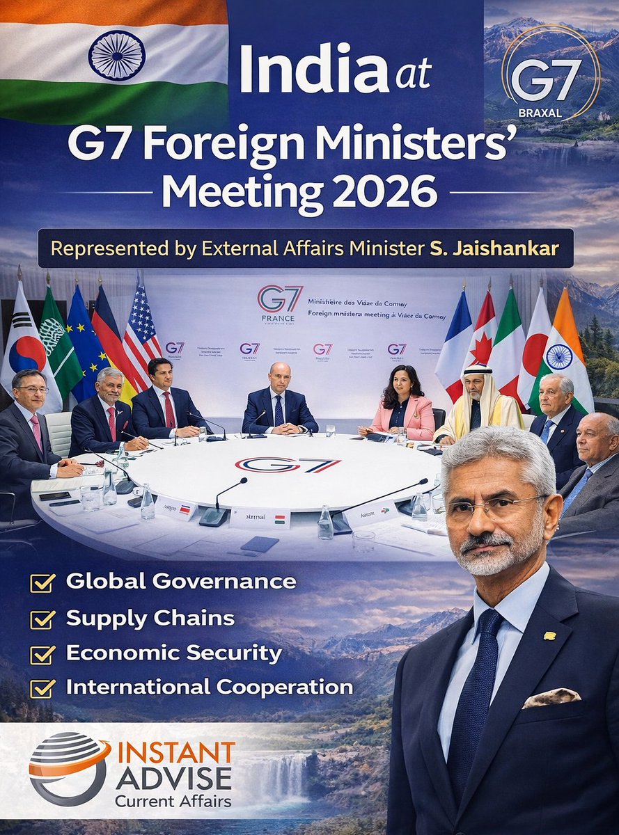 India at G7 Foreign Ministers’ Meeting 2026
India participated as a partner country and highlighted resilient supply chains, global governance reform and economic security.
PM Modi has also been invited to the G7 Summit 2026 in France, showing India’s growing global importance.