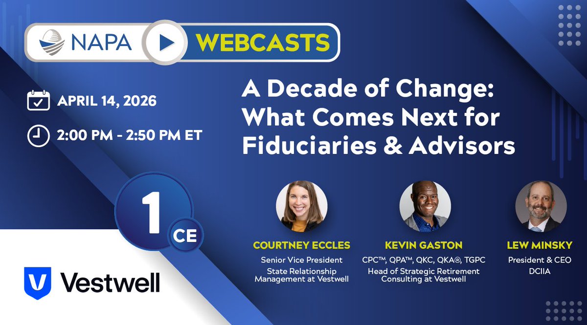 NAPA401K's tweet image. What signals are pointing to what comes next?

Join us for insights on policy trends, growth drivers, and real saver data shaping the future of plan design and engagement.

Register now: napa-net.org/events/webcast… 

 #RetirementPlanning #FinancialAdvisors
