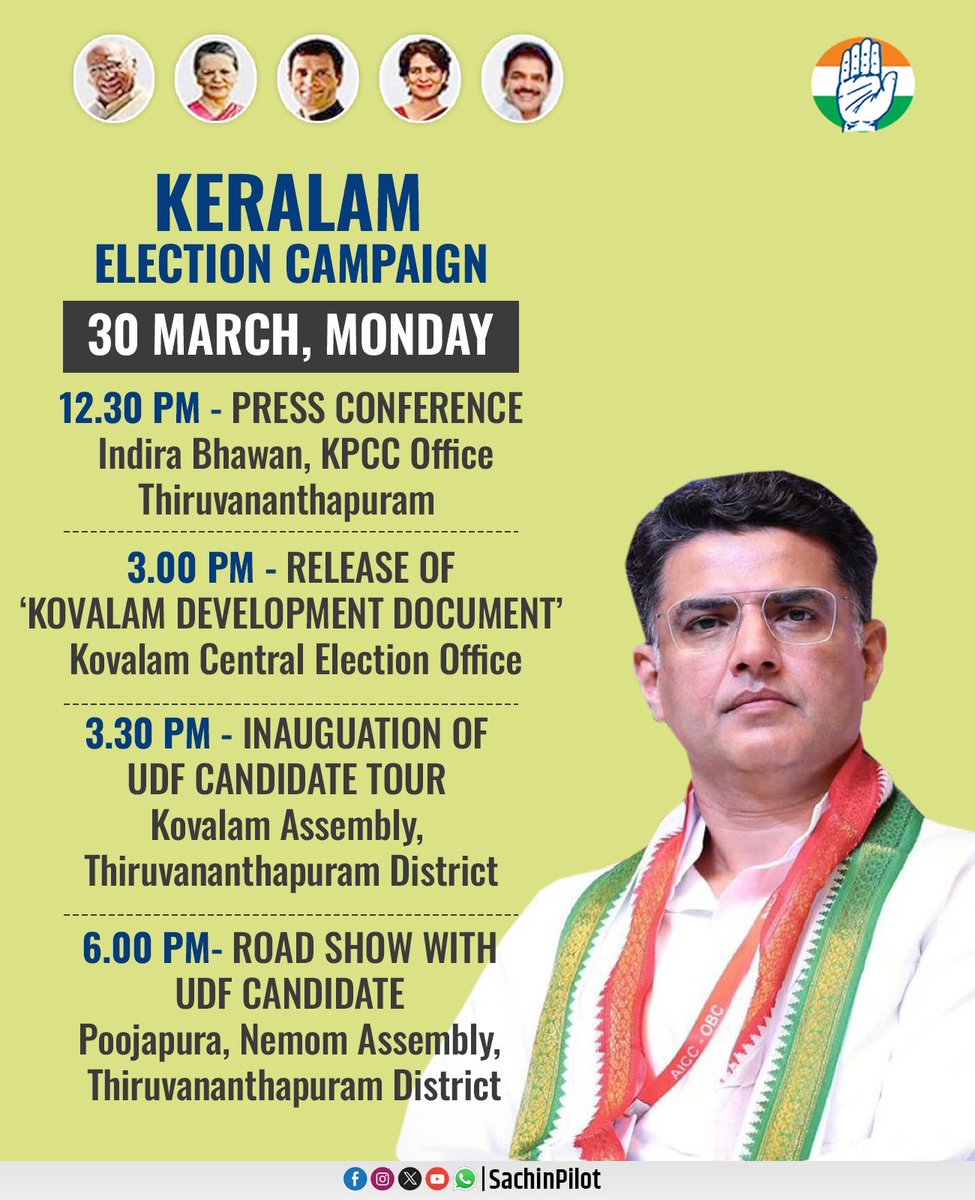 SachinPilot's tweet photo. Tomorrow’s programme in Keralam : https://t.co/Uve8X1T96g