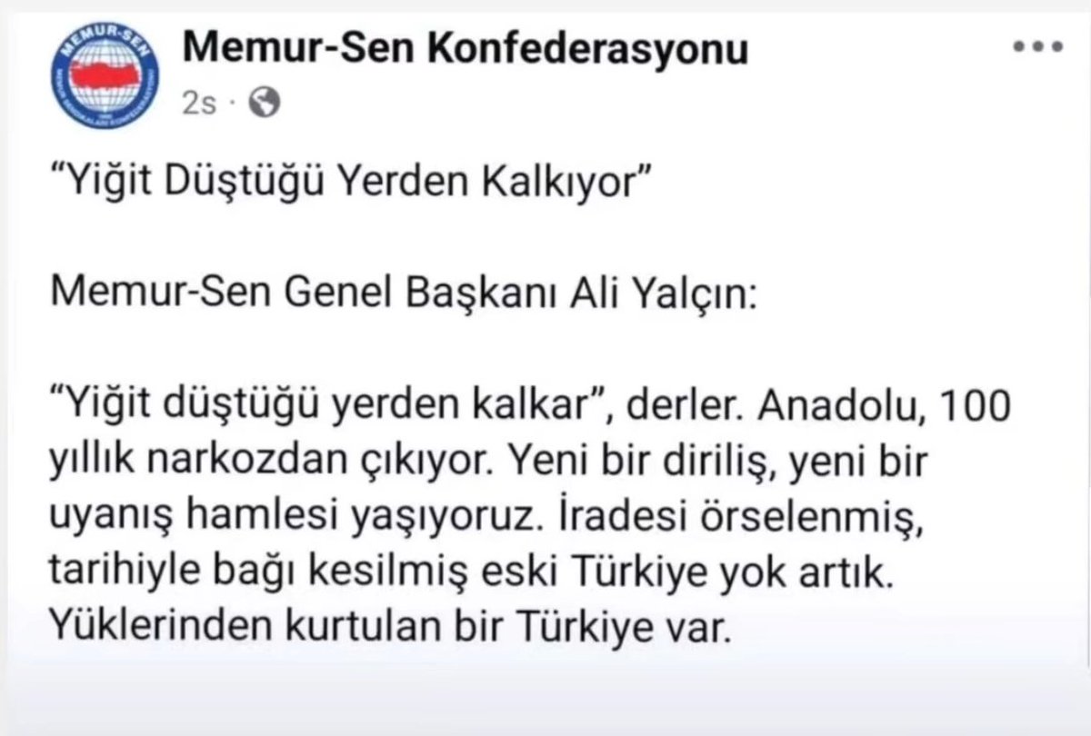 KIYMETLİ MEMUR-SEN ÜYESİ ARKADAŞIM,
SEN NEYİN KAFASINI YAŞIYOSUN?

Adam çıkmış senin hakkını, hukukunu, eriyen maaşını savunacağı yerde, '100 yıllık narkoz' diye laf cambazlığı yapıyor. Senin atan, deden, torunun bu topraklarda onuruyla, başı dik yaşasın diye kurulan