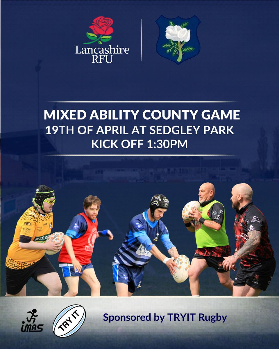lancashirerfu's tweet photo. Lancashire will face Yorkshire in a Mixed Ability 'Roses' match on 19th April at Sedgley Park, Sunday 19 April, 1.30pm KO. All welcome.
This will be the country's first ever Mixed Ability Rugby county representative game.
For more info email Catherine Jones Cathj333@hotmail.co.uk https://t.co/wuGVTrjAOF