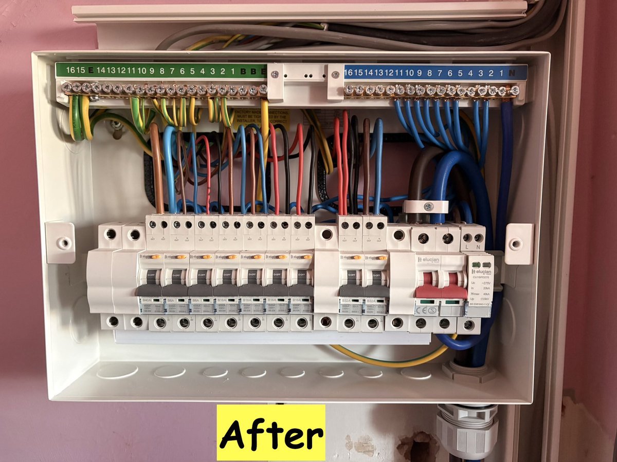 Another consumer unit upgrade completed.
Out with the old fusebox and in with a fully compliant 18th Edition metal consumer unit. If your fusebox looks like the “before” photo, it might be time to consider an upgrade. Get in touch for a free estimate or advice.