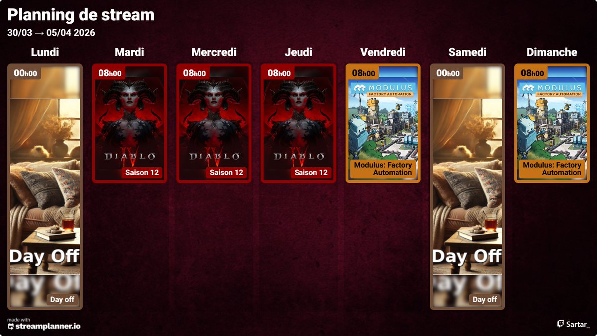 On continue le tryhard sur #DiabloIV en début de semaine 😈
Puis découverte de Modulus en fin de semaine ⚙️
C’est une transition avant les prochaines sorties (#Soulmask, update #Eco 👀)

Pas de live lundi ni samedi, sinon 8h comme d’habitude
Merci pour votre présence ❤️
#Twitch