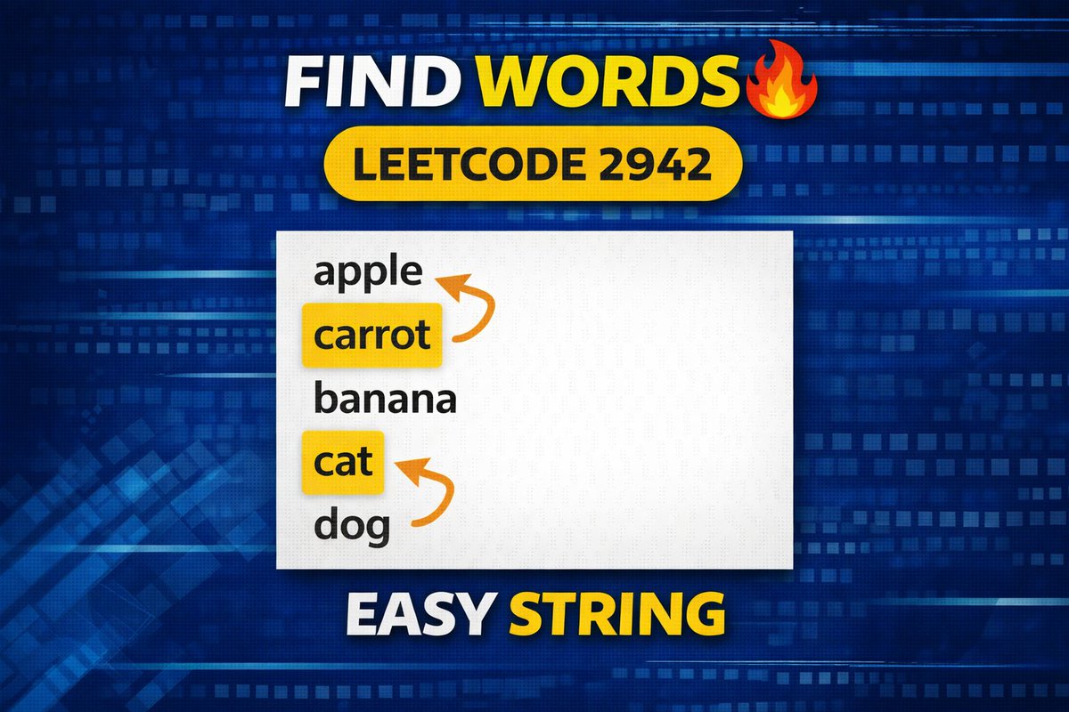 YuviKuldeep's tweet photo. 🚀 Another easy but important DSA problem!

Today I solved LeetCode 2942 – Find Words Containing Character 🧠

🎥 Full explanation here:
👉 https://t.co/aroVz1GB3U
#LeetCode #DSA #Java #Coding #Programming #InterviewPreparation #Developers https://t.co/b85pLI7gUB