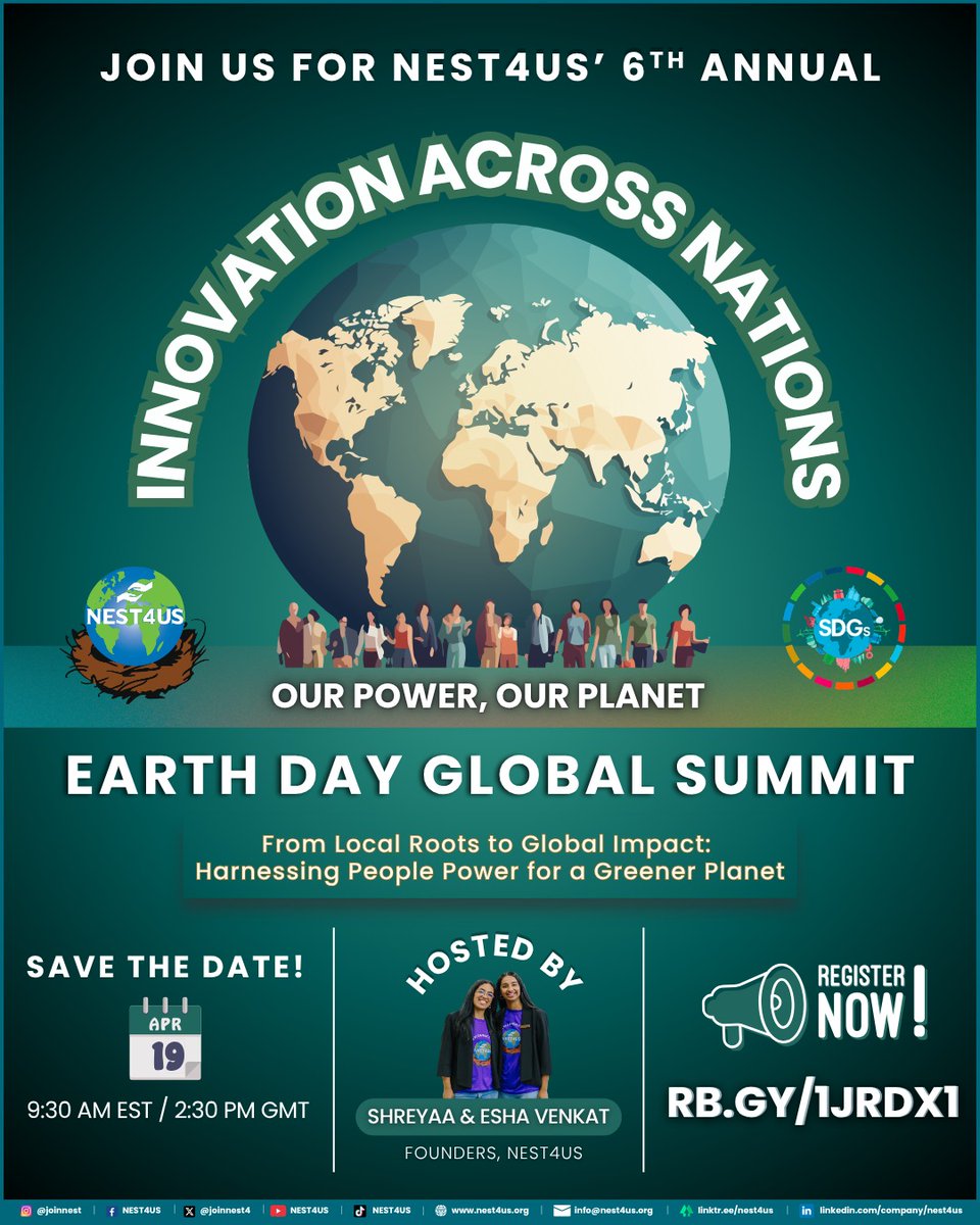 We at #NEST4US are happy to host our Annual #Innovation Across Nations #EarthDay #Global #Summit turn climate urgency into collective #climateaction 🌎 #Speaker lineup dropping soon! #Register: rb.gy/1jrdx1 nest4us.org #SDGs #Workshop #GlobalVolunteerMonth