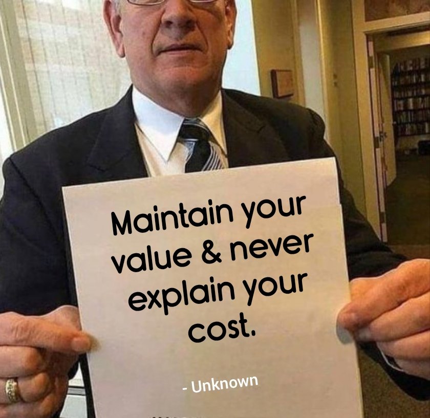 SanatThakkar's tweet image. Maintain your value &amp;amp; never explain your cost.
#quote Unknown ✍️
#ThinkBIGSundayWithMarsha 
#value #cost #respect