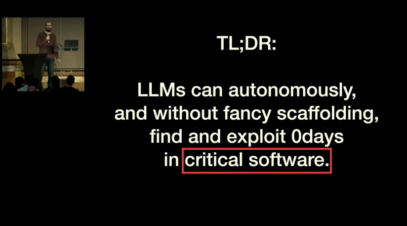 AlexPalcuie's tweet photo. been following my colleague Nicholas Carlini's work on this internally for a while now, so I was happy to see him give a talk publicly:

> These current models are better vulnerability researchers than I am. I used to do this somewhat professionally. https://t.co/tf1AcMXeNA