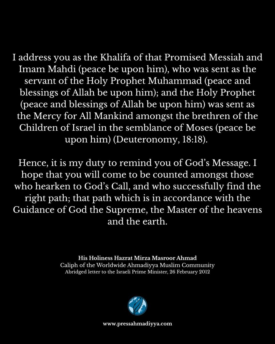 pressahmadiyya's tweet photo. "We hear reports in the news nowadays that you are preparing to attack Iran. Yet the horrific outcome of a World War is right before you. In the last World War, whilst millions of other people were killed, the lives of hundreds of thousands of Jewish persons were also wasted." https://t.co/pCWHe04zPu