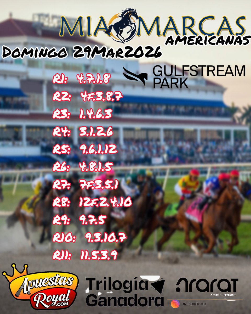 MiaMarcas's tweet photo. Hipismo #GulfstreamPark
#MiaMarcasamericanas
Domingo 29Mar2026
#ApuestasRoyal
#TrilogiaGanadora
#AraratProduccion https://t.co/BEdrqa6iE7