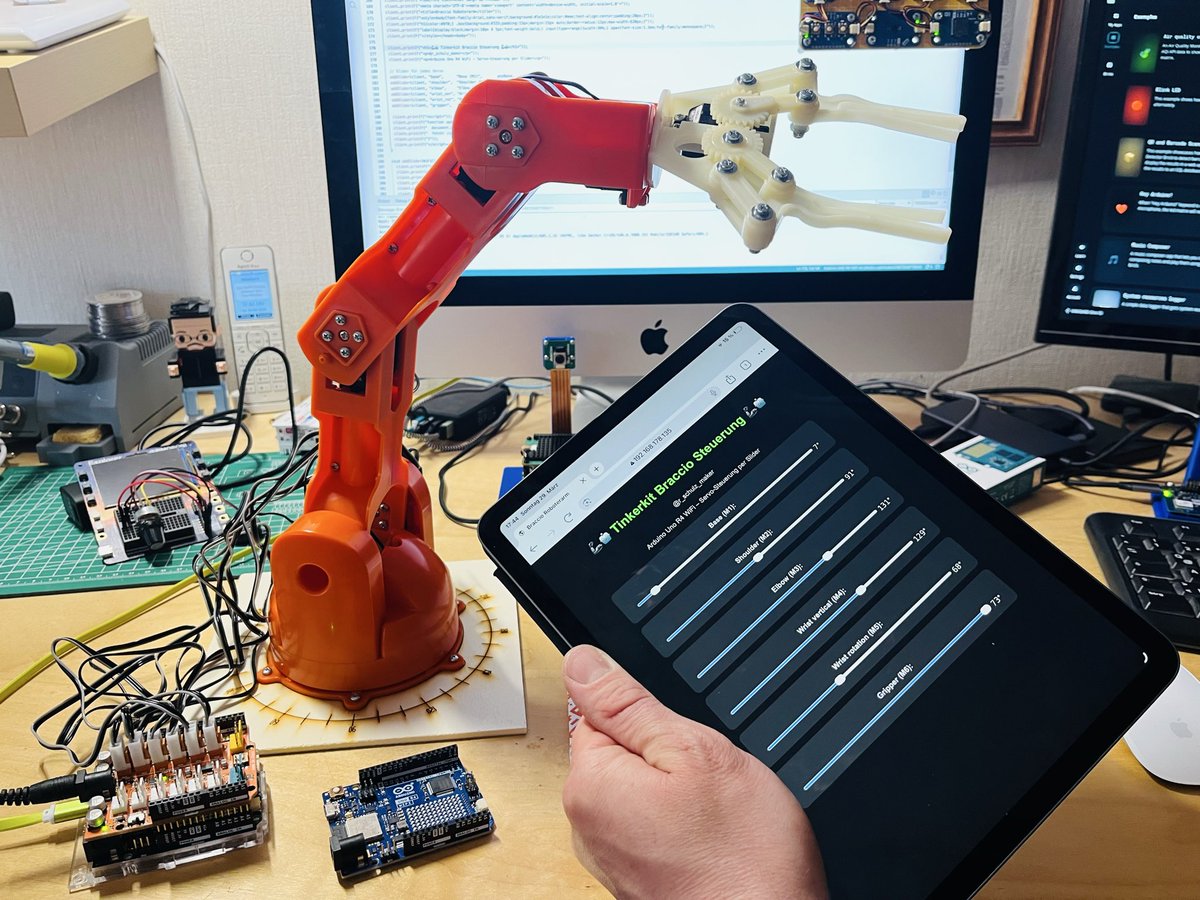 r_schulz_maker's tweet image. ☀️ outside today, but I had to test the Tinkerkit Braccio robot arm 🤖🦾with @arduino Uno R4 WiFi. I can now control all servo motors via a web server. Whether sliders were a good idea remains to be seen. I still need to work on the reactions so that it runs more smoothly. #maker
