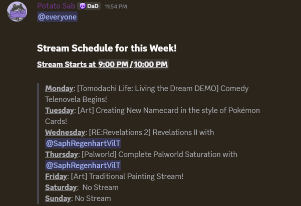 Stream Schedule for this coming week's Stream!