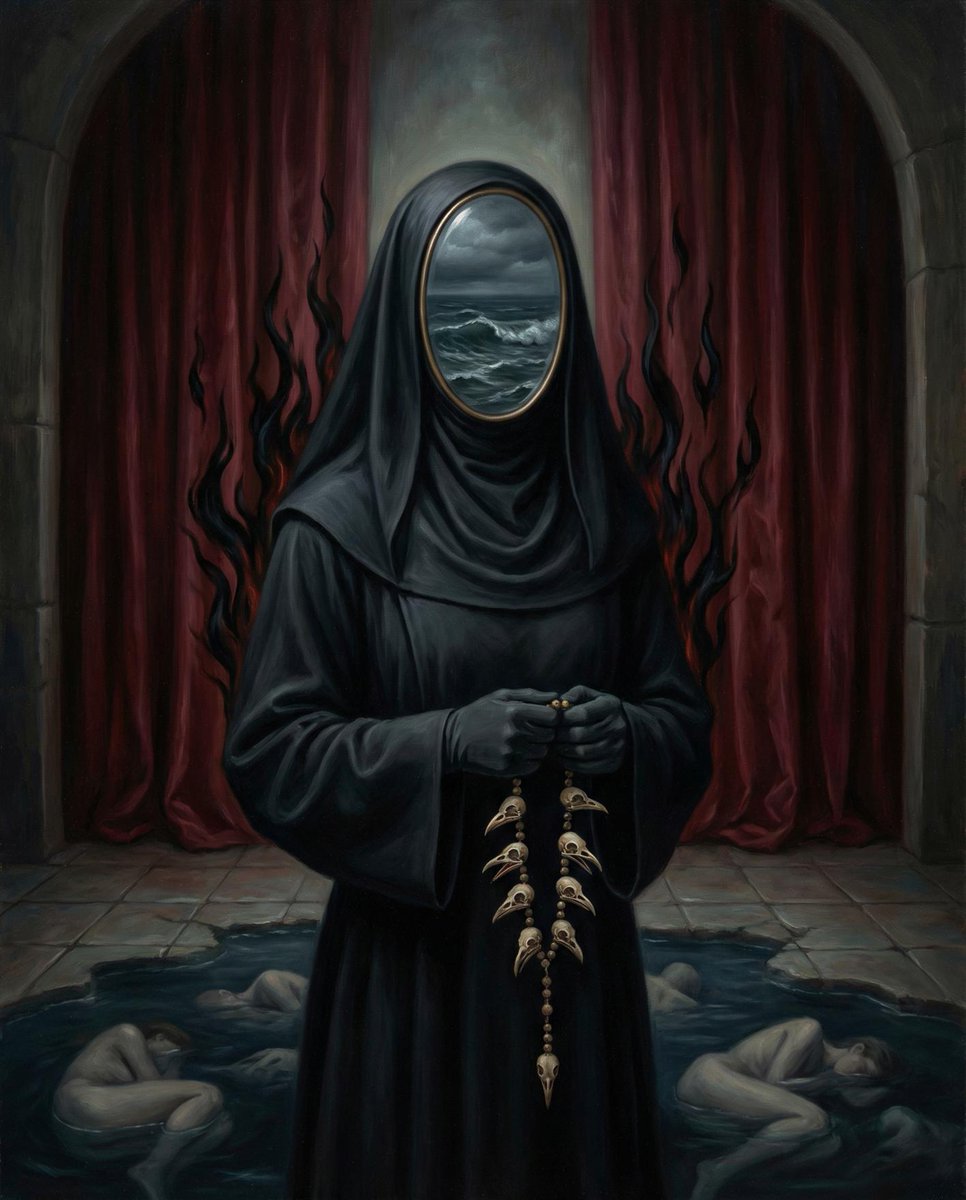 PromptSin's tweet photo. A ritualistic figure’s face is a roiling storm sea, clutching a raven skull rosary over drowning bodies 🖤
#darksurrealism #occultart #macabrepainting https://t.co/rUBCU7XyiX