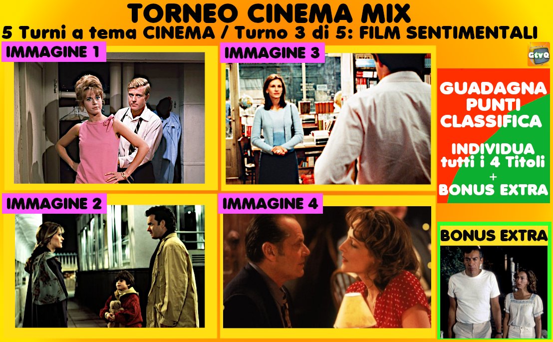 GenTVquadrata's tweet photo. #30marzo
TORNEO #CinemaMix
5 Turni di GIOCHI sul CINEMA
Pubblicata CLASSIFICA TEMPORANEA dopo Turno2
💥GIOCA
TURNO 3: 4 film SENTIMENTALI + 💥Bonus Extra💥
Guadagna PUNTI per la classifica
Turno Termina #31marzo ore14
o quando blocco le risposte
Turni durano almeno 24h https://t.co/PbbDHDCgKi