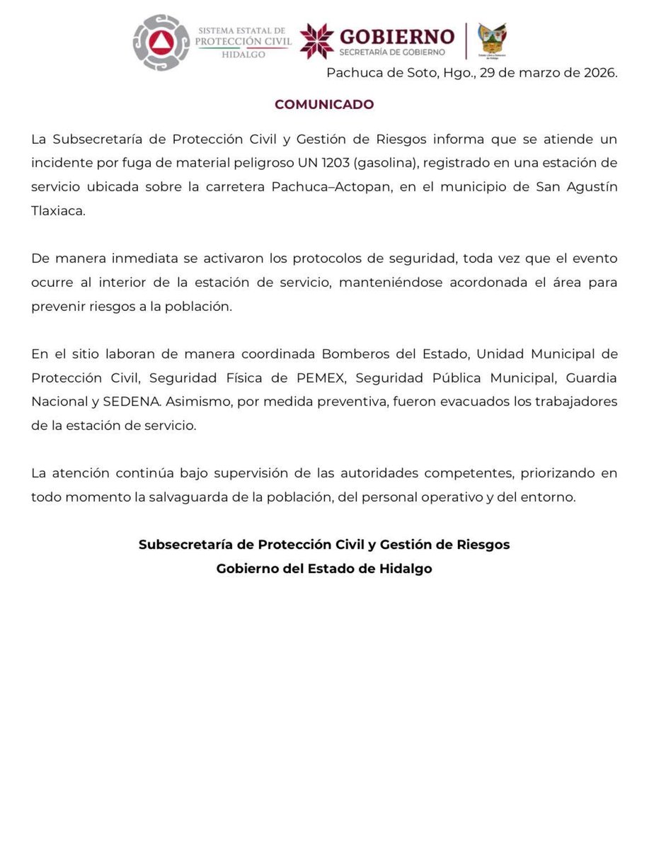 juliomenchaca_'s tweet photo. Sobre el incidente registrado en San Agustín Tlaxiaca, mantenemos una respuesta coordinada entre Bomberos del Estado, Protección Civil, Seguridad Física de PEMEX y @Defensamx1.

Los trabajos de atención continúan bajo supervisión técnica y se ha realizado la evacuación preventiva del personal de la estación para salvaguardar a la población y al entorno.

#PrimeroElPueblo