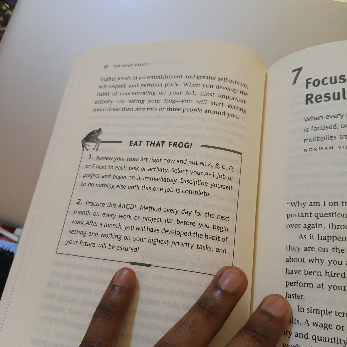 Summary of what I learned from Eat That Frog!

- decide what you want out of life
- plan the day before
- do your big tasks first
- focus 80% of your energy on your top 20% tasks

this book stood out cuz I was literally nodding to everything-these principles already work for me.