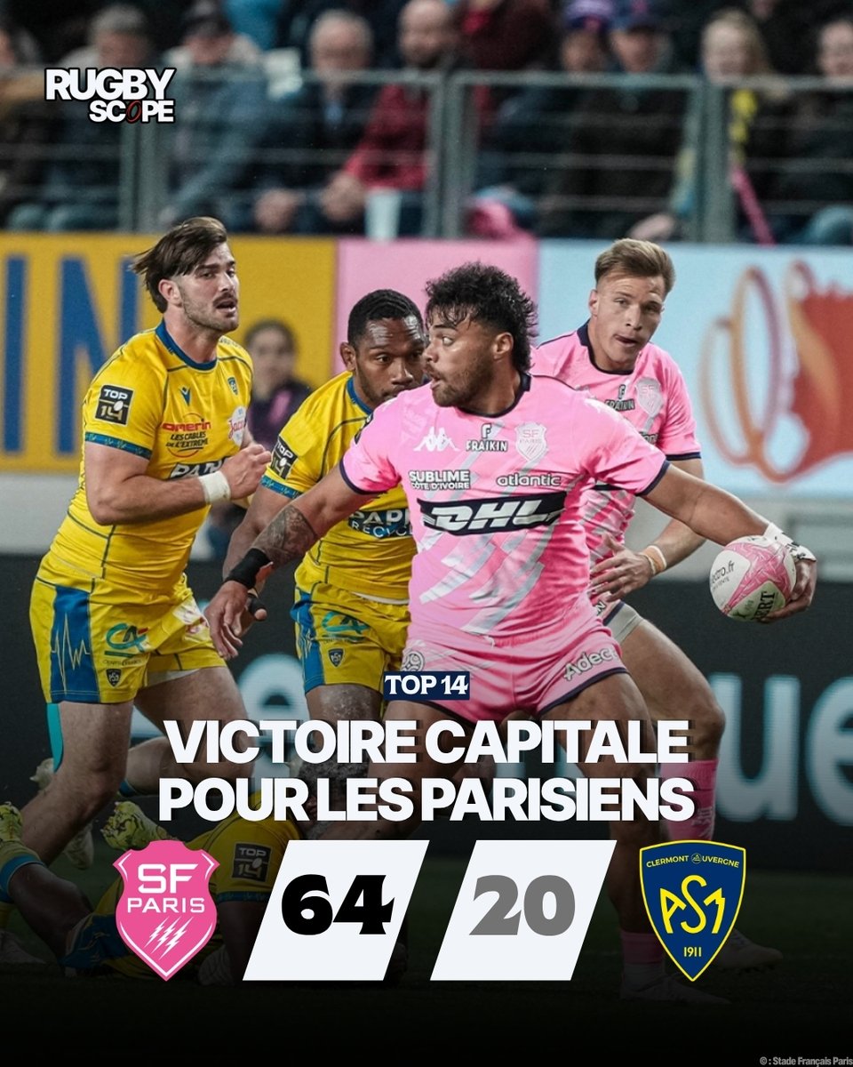 RugbyScope's tweet photo. Le Stade Français a accéléré en fin de deuxième mi-temps pour corriger Clermont 😳

Le match #SFPASM ➡️ https://t.co/XdjC5IvUgy https://t.co/Ef1Ll7AmKE