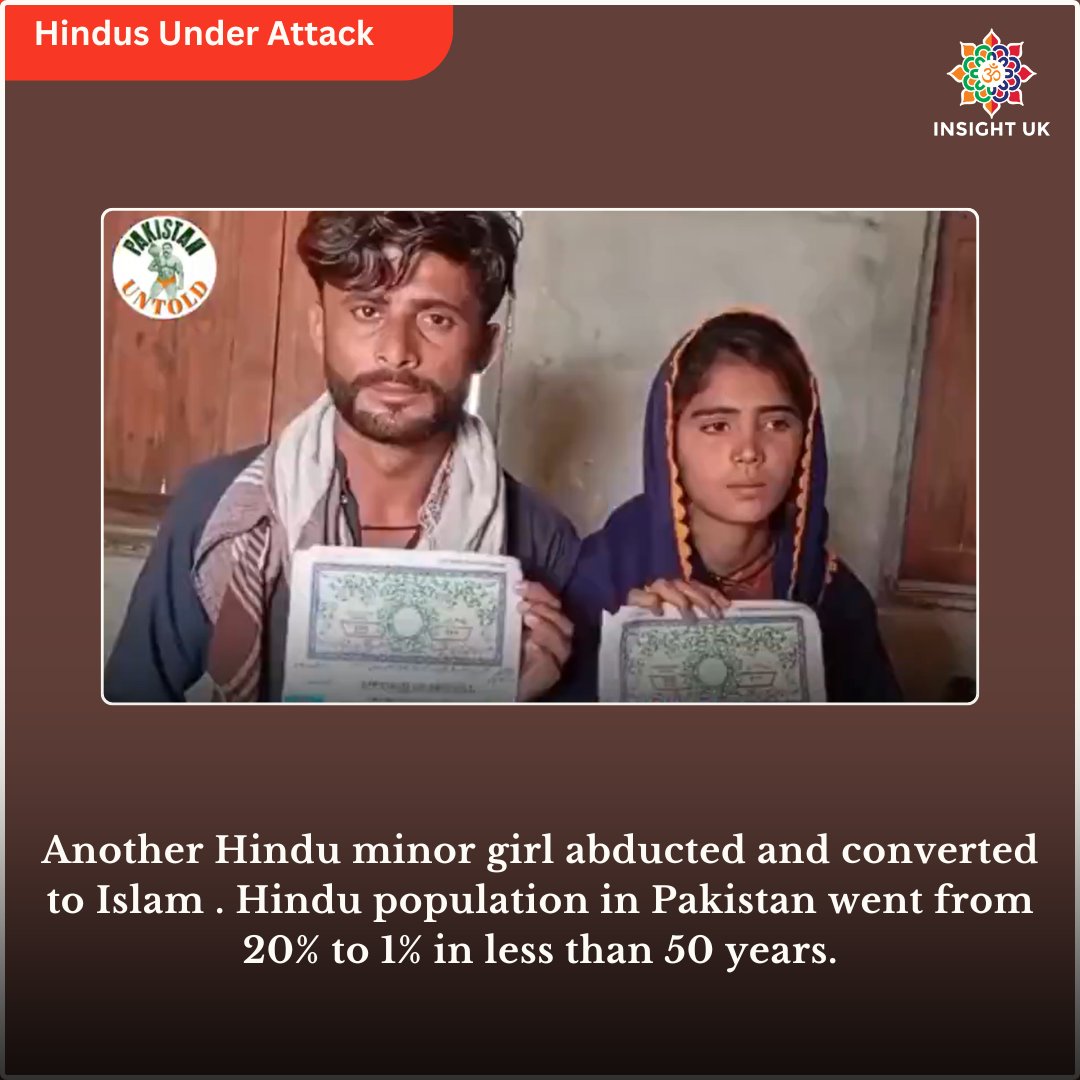 INSIGHTUK2's tweet photo. Hindu minor girl abducted and converted to Islam for nikah slavery

Forced conversions explain why Hindu population in Pakistan went from 20% to 1% in less than 50 years.

Pleas from Human Right organisations fall of deaf ears!

Who will help Hindus?

#saveourgirls #standwithourgirls #protectpakminorities #justice4pakminorities
@meghupdates @humanrightscouncil @nimittekam_org @WHCongress  @pakistan_untold