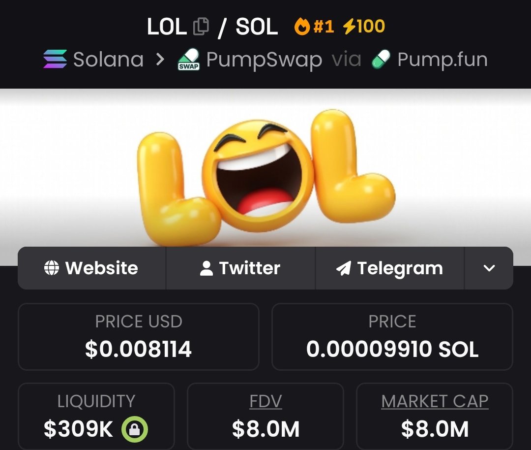 PumpX67's tweet photo. PUMPX ALERT: $LOL IS HEATING UP π¨
π $LOL on Solana is starting to move!
π +80% in 24H
π° $8M MCAP
π Strong liquidity ($300K)
π Still under the radar
Early momentum is buildingβ¦ donβt be late. π₯
#Solana #LOL #PumpX #Memecoins #Crypto https://t.co/X5PMkyjmEY