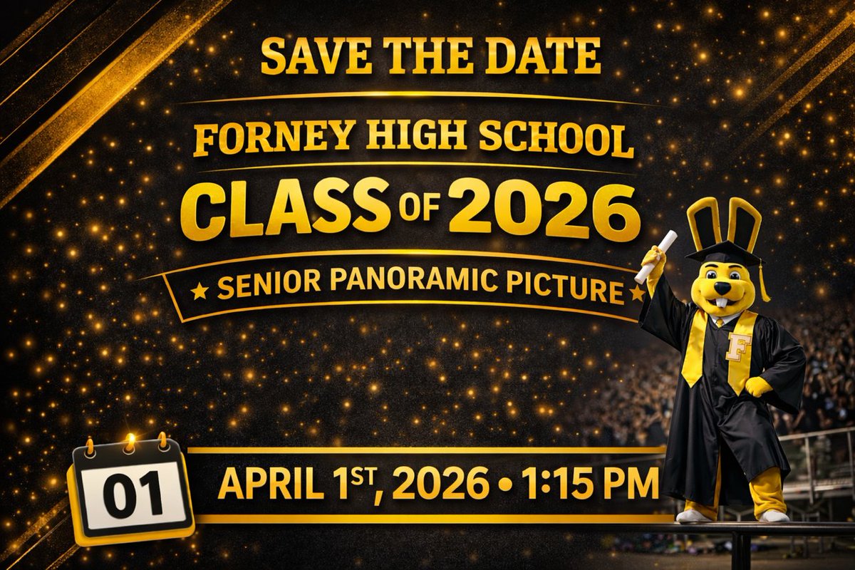 Forney_Rabbits's tweet photo. Hey Seniors! Don't forget that the Class of 2026 Panoramic Picture is on Wednesday, April 1st at 1:15pm in the Aux Gym! If you would like to order from Goldbeck, bring your payment to school on Thursday during lunches. #SeniorThings #Classof2026 https://t.co/Swt2MPiQuI
