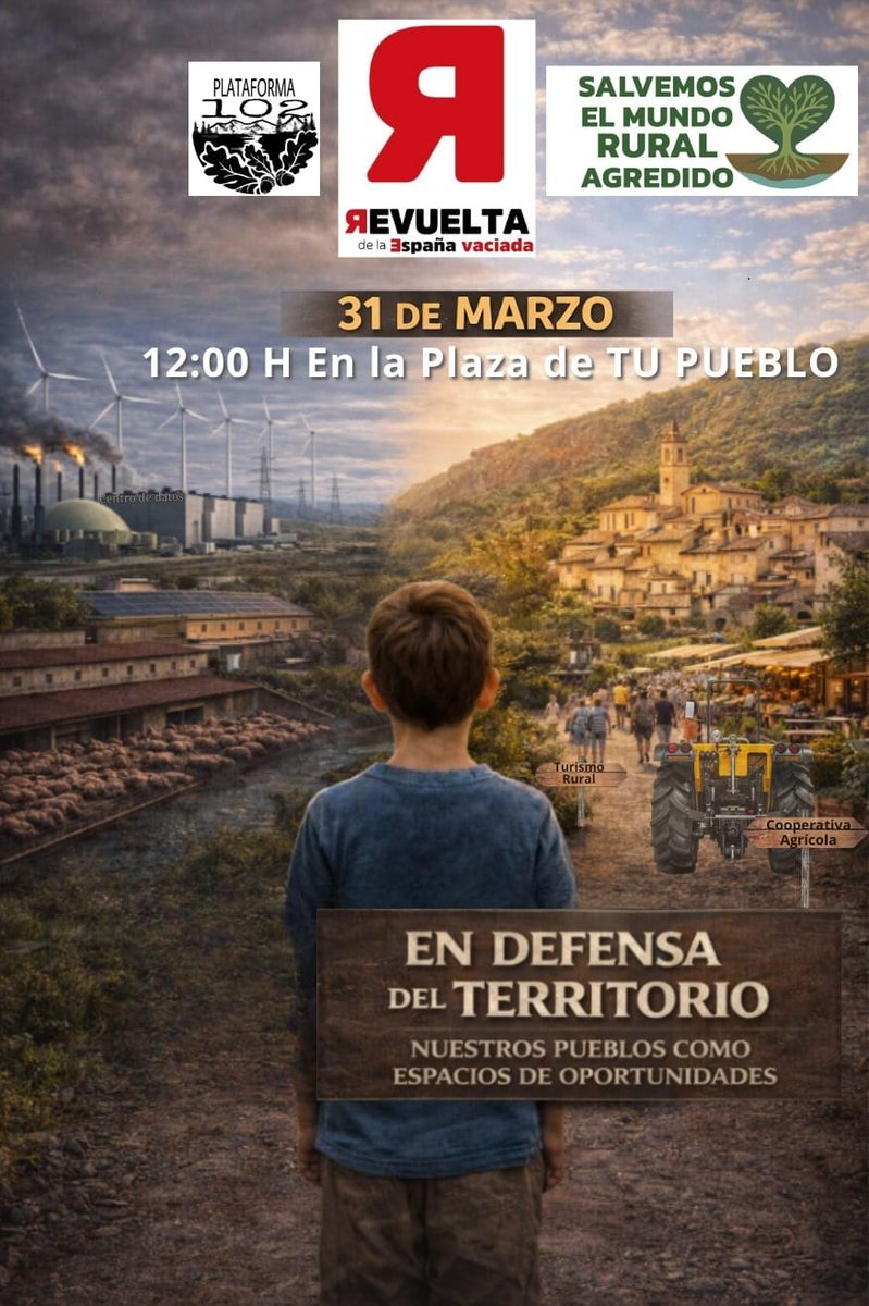 plataforma102's tweet photo. 📅 31 de marzo. 12.00 horas. En la plaza de tu pueblo.
Para alzar la voz en defensa de un territorio amenazado por el abandono institucional, y de un mundo rural agredido. #EspañaVaciada https://t.co/6Va0ZS3kv5