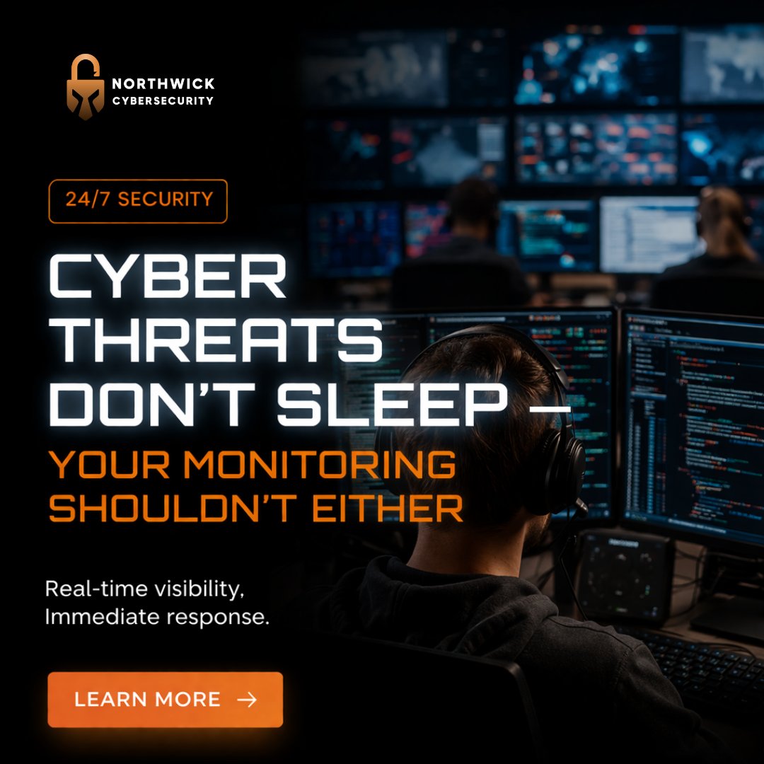 NorthwickCyber's tweet photo. Cyber threats operate around the clock and without continuous monitoring, critical risks can go undetected.

24/7 threat monitoring ensures:
- Real-time visibility
- Faster response times
- Reduced security blind spots https://t.co/vbfLVhIG3P