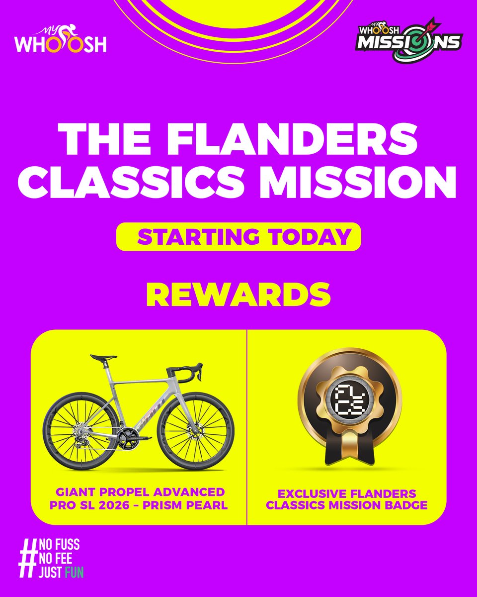 my_whoosh's tweet photo. The Flanders Classics Mission starts today.

Take on the climbs, survive the Classics, and complete the mission to unlock exclusive rewards.

#RideMyWhoosh #RideFree #FlandersClassics #TourOfFlanders #WeRideFlanders https://t.co/g0iaKAAXnm