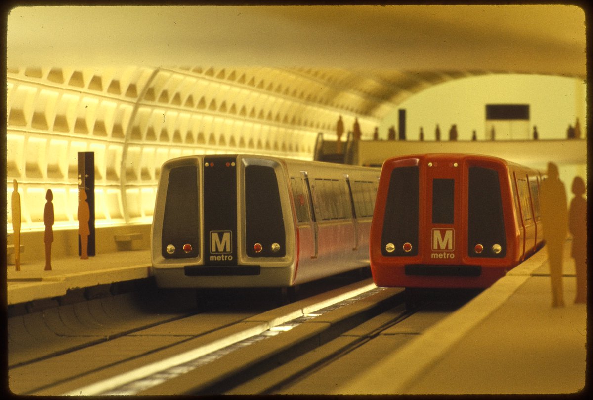 DCHomos's tweet photo. Did you know that one of the original concepts for the @wmata Metro rail cars was RED?! The idea came from London subways cars in the 60’s but they realized they were hard to keep clean and got dirty easily. 
Green was also another option! #WMATA50 https://t.co/aFm1YQ4QvT