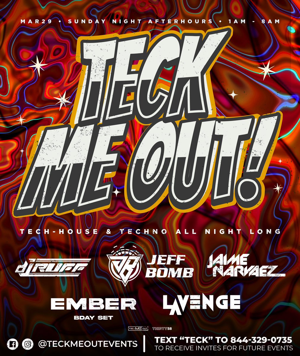 DjJaimeNarvaez's tweet photo. There are other things in life than parties, there are also after parties. Join us tonight Sunday night after-hours at Teck MeOut. Let’s Go! 🔊💃🏻🕺🏼
#teckmeout #djruff #djjaimenarvaez #djjeffbomb #djemerj #djlavenge #djember https://t.co/iyMnqSraqR