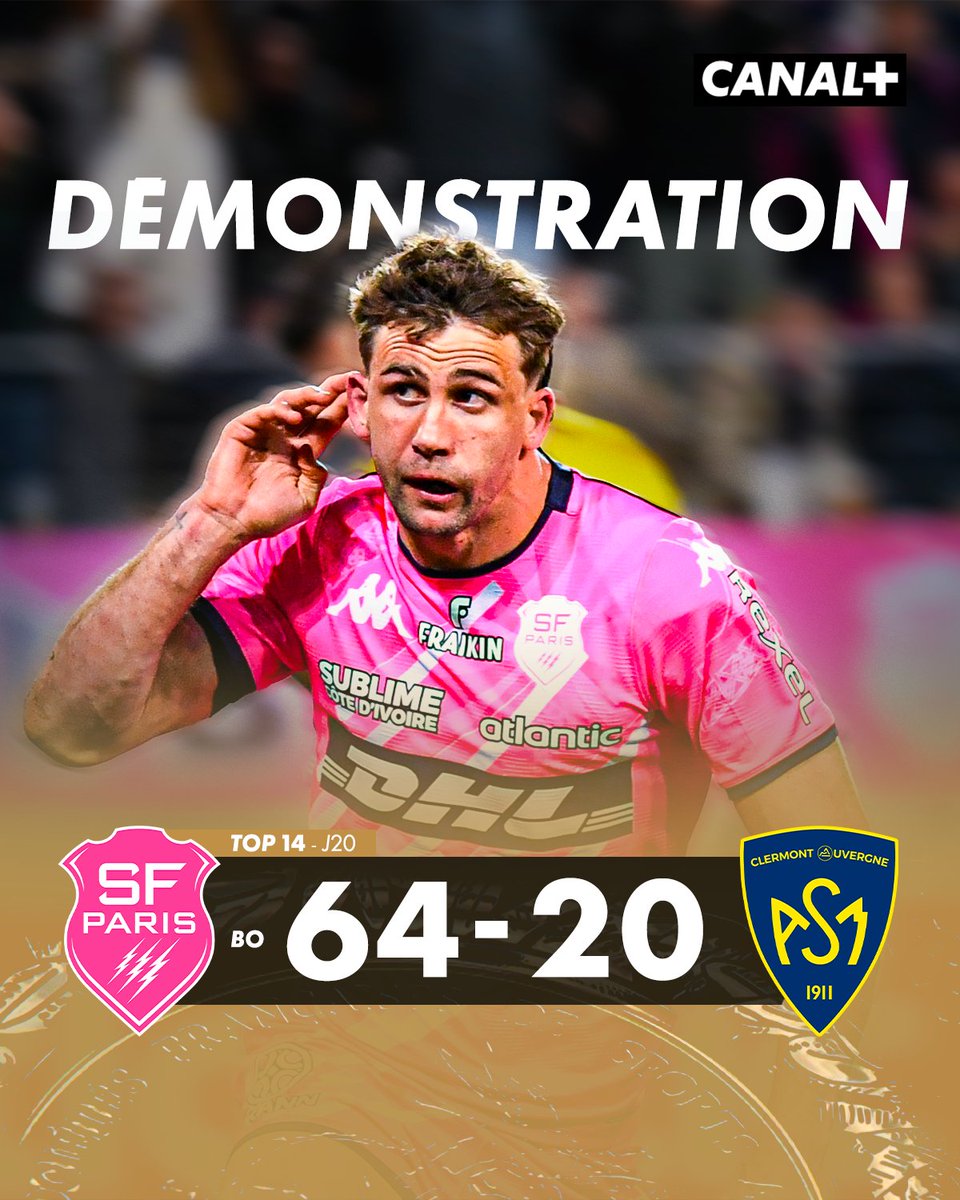 CanalplusRugby's tweet photo. Immense carton pour le Stade Français 😯

Les Parisiens inscrivent 9 essais et s'intercalent à la 3e position entre l'UBB et la Section Paloise 🌸

#SFASM | #TOP14 https://t.co/DFwS4I1Yhw
