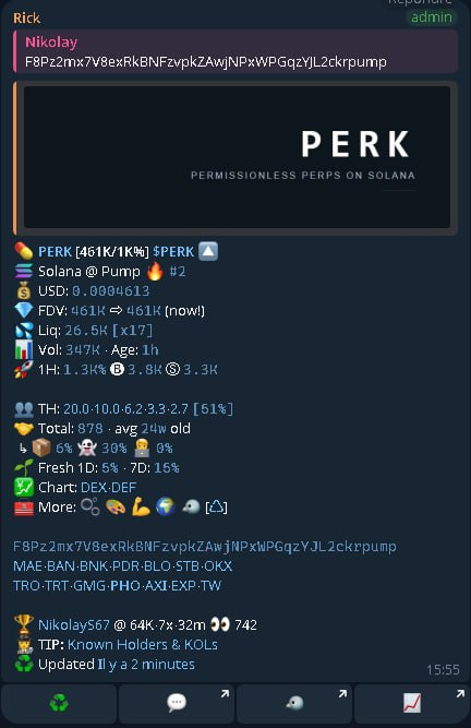 Spotted $PERK some minutes before the rally pump 👀
✔ perk.coinsol.life
Should go higher imo

$perk  #solana #memecoin