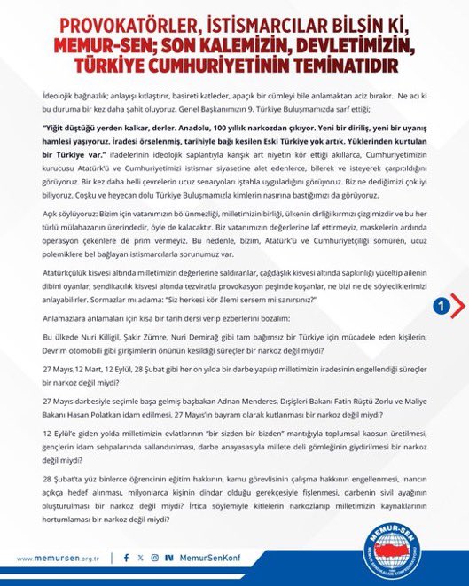 baskann09's tweet photo. Türkiye Cumhuriyeti son kalemizdir, Devletimizdir…
Cumhuriyetimiz sizlerin menfaat kaynağı, haksız ve hadsiz ikbal basamağınız değildir.

Bu nedenle konuyla ilgili MEMUR-SEN olarak Basın Açıklamamızı aziz Milletimizin takdirine sunuyoruz.

#MemurSenDemekTürkiyeDemek https://t.co/PWQWvO4QwF