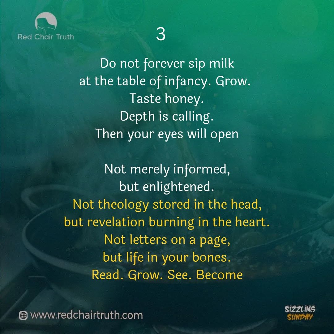 redchairtruth1's tweet image. What was meant to be a seat of delight became a burden of duty. What should give life reduced to routine. Yet the call remains—to grow beyond milk, to step into depth, to truly see. 

Join today’s Sizzling Sunday reflection.

#RedChairTruth #SizzlingSunday #RCT #ItaUdoh