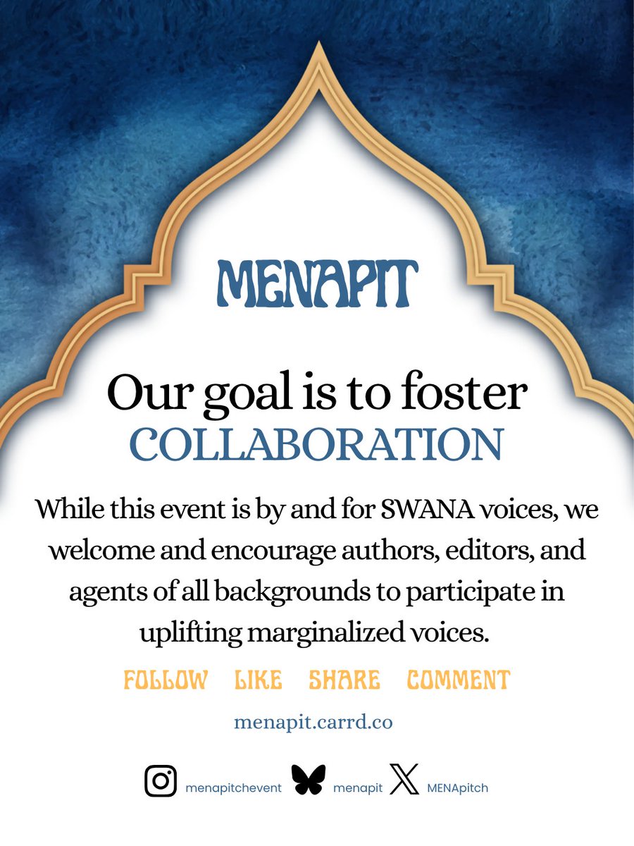 MENApitch's tweet photo. Hey #WritingCommunity we wanted to share some of our goals with #MENApit 👇

Before and after the pitch event we'll be posting about SWANA writers and their books, spotlighting our ongoing MENA Muses interview series, and sharing opportunities in the industry. https://t.co/bZWb57PnVB