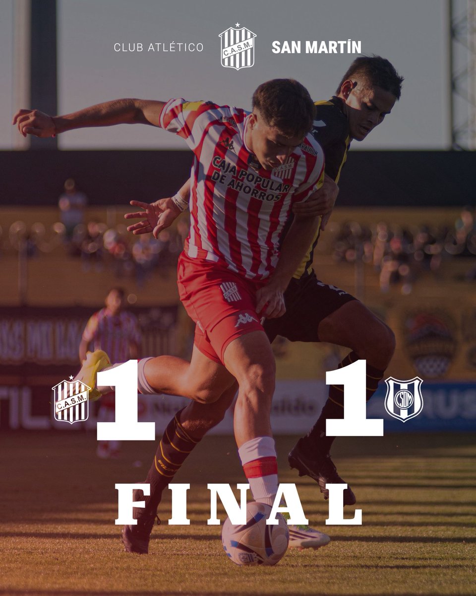 CASMOficial's tweet photo. 🔴⚪️ #PrimeraNacional

Final del partido. En condición de visitante, San Martín igualó 1-1 con Deportivo Madryn. Para el Santo anotó Diego Diellos, mientras que para el local lo hizo Mauricio Cuero.

⚽️ #VamosCiudadela https://t.co/kABakPLrZo